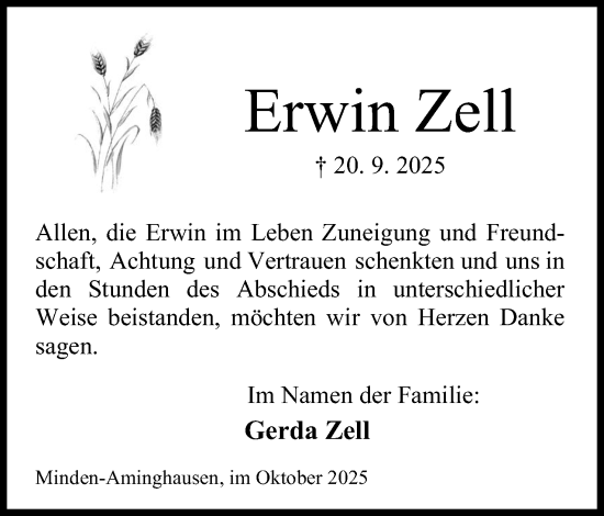 Anzeige von Erwin Zell von Mindener Tageblatt