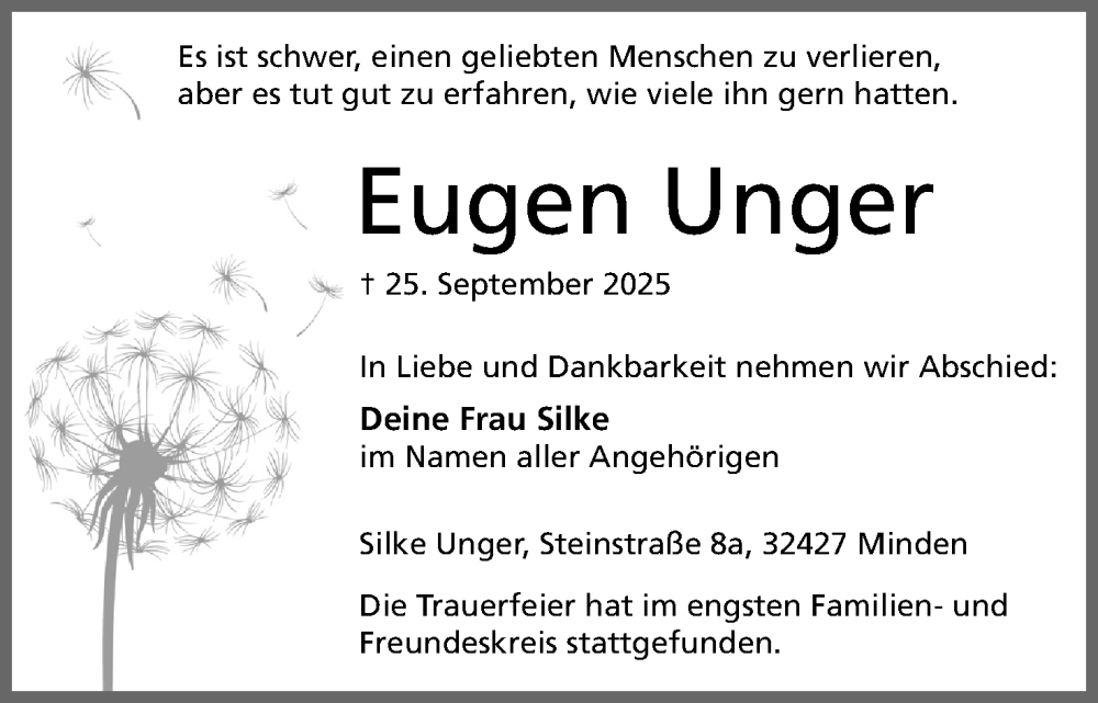  Traueranzeige für Eugen Unger vom 18.10.2025 aus Mindener Tageblatt