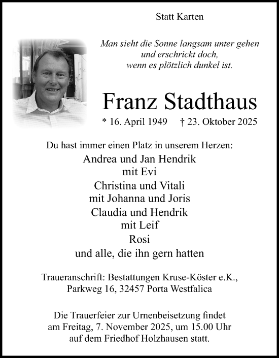 Anzeige von Franz Stadthaus von Mindener Tageblatt