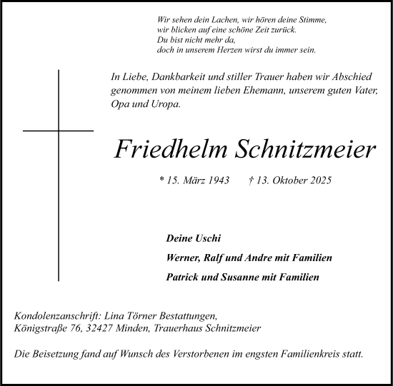 Anzeige von Friedhelm Schnitzmeier von Mindener Tageblatt