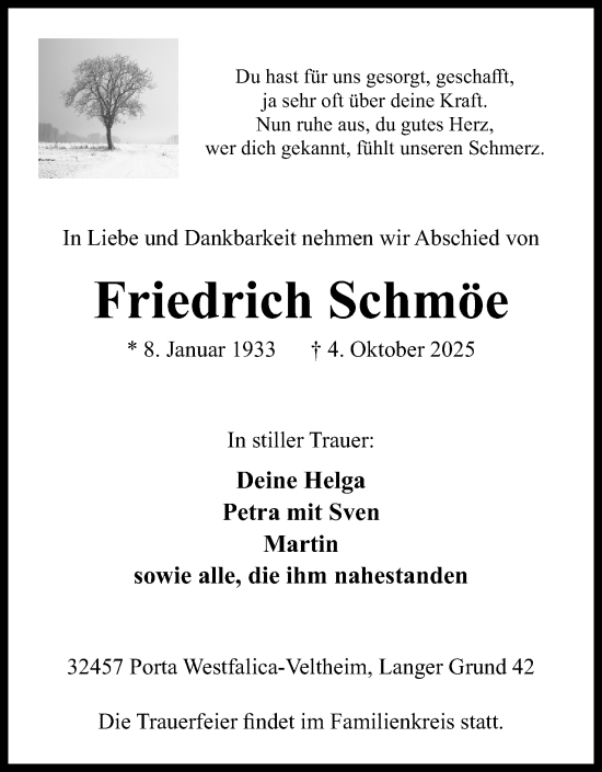 Anzeige von Friedrich Schmöe von Mindener Tageblatt