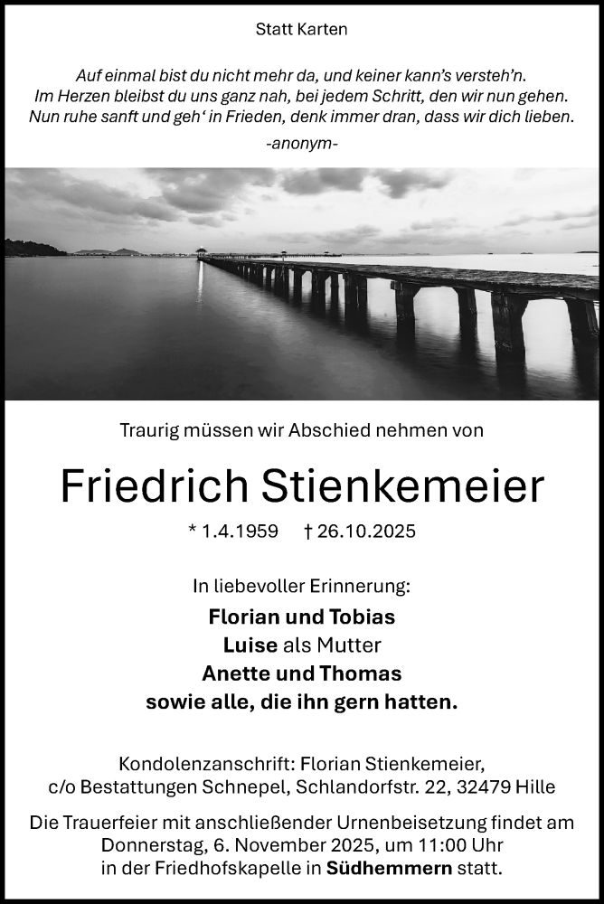  Traueranzeige für Friedrich Stienkemeier vom 31.10.2025 aus Mindener Tageblatt