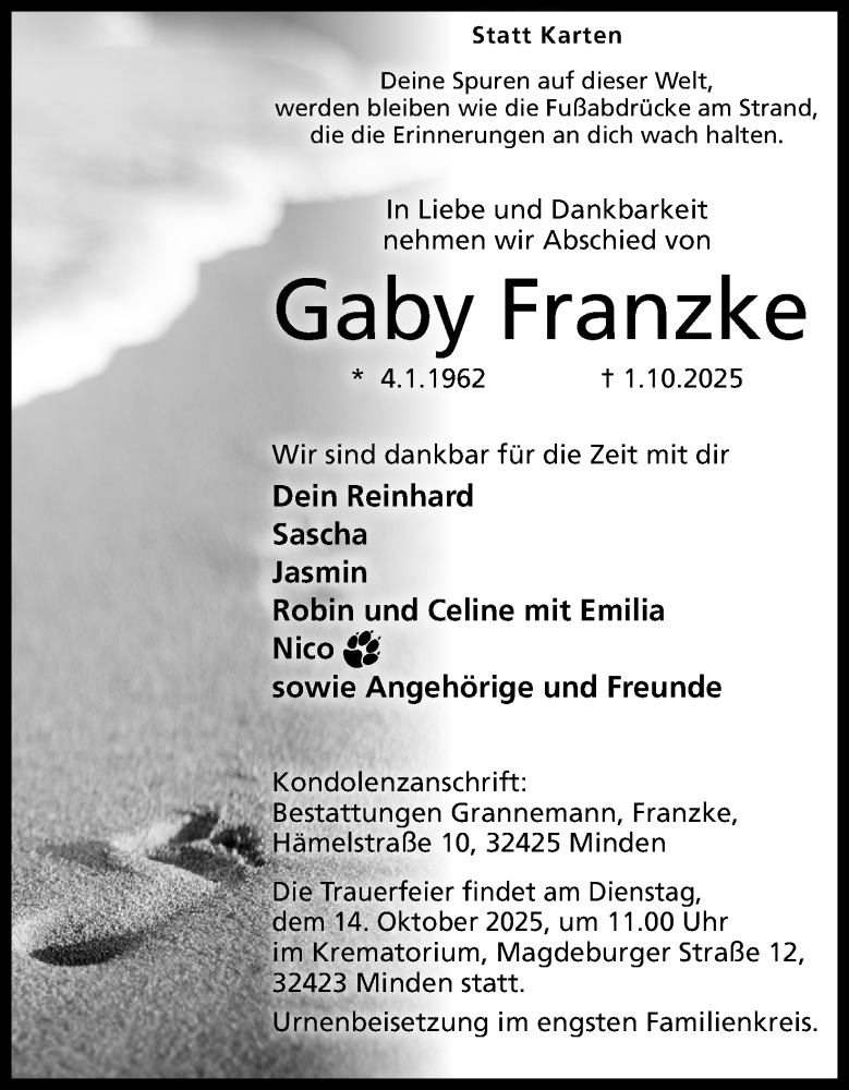 Traueranzeige für Gaby Franzke vom 11.10.2025 aus Mindener Tageblatt