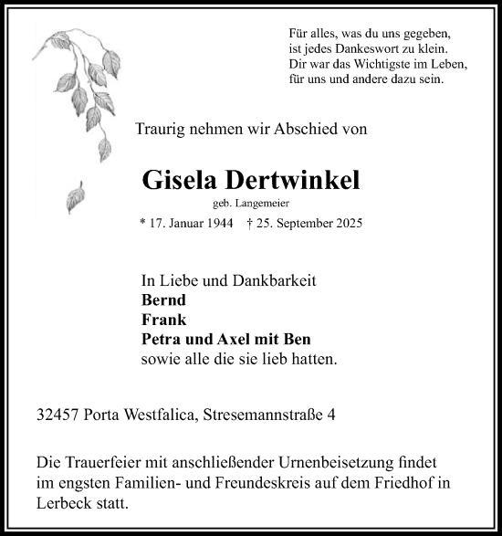 Anzeige von Gisela Dertwinkel von Mindener Tageblatt