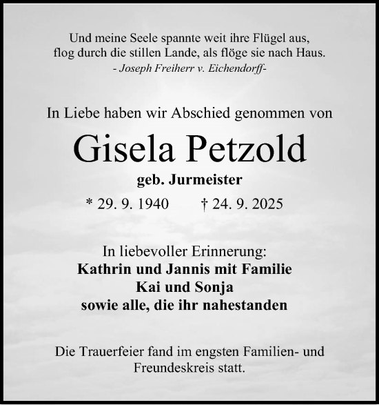 Anzeige von Gisela Petzold von Mindener Tageblatt