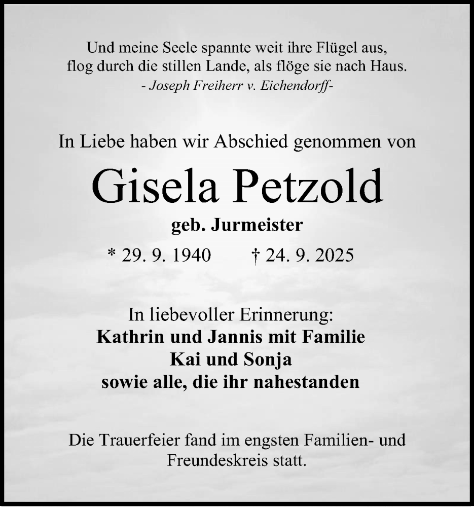  Traueranzeige für Gisela Petzold vom 11.10.2025 aus Mindener Tageblatt