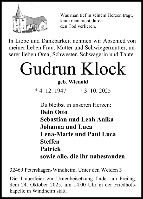 Anzeige von Gudrun Klock von Mindener Tageblatt