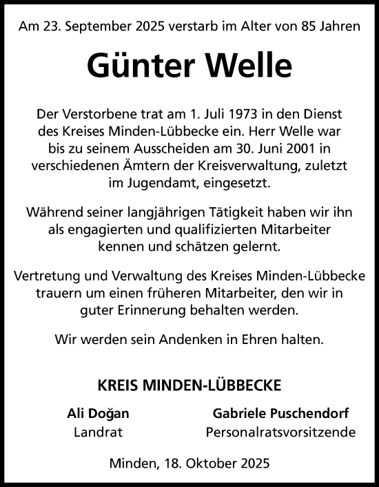 Anzeige von Günter Welle von Mindener Tageblatt