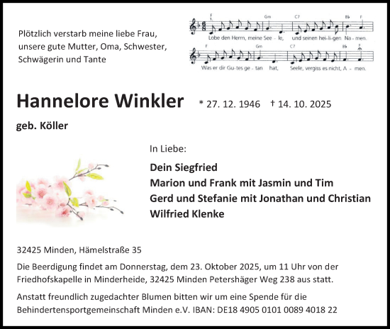 Anzeige von Hannelore Winkler von Mindener Tageblatt