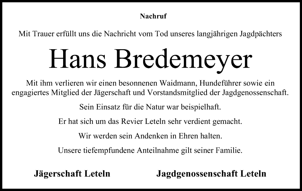  Traueranzeige für Hans Bredemeyer vom 31.10.2025 aus Mindener Tageblatt