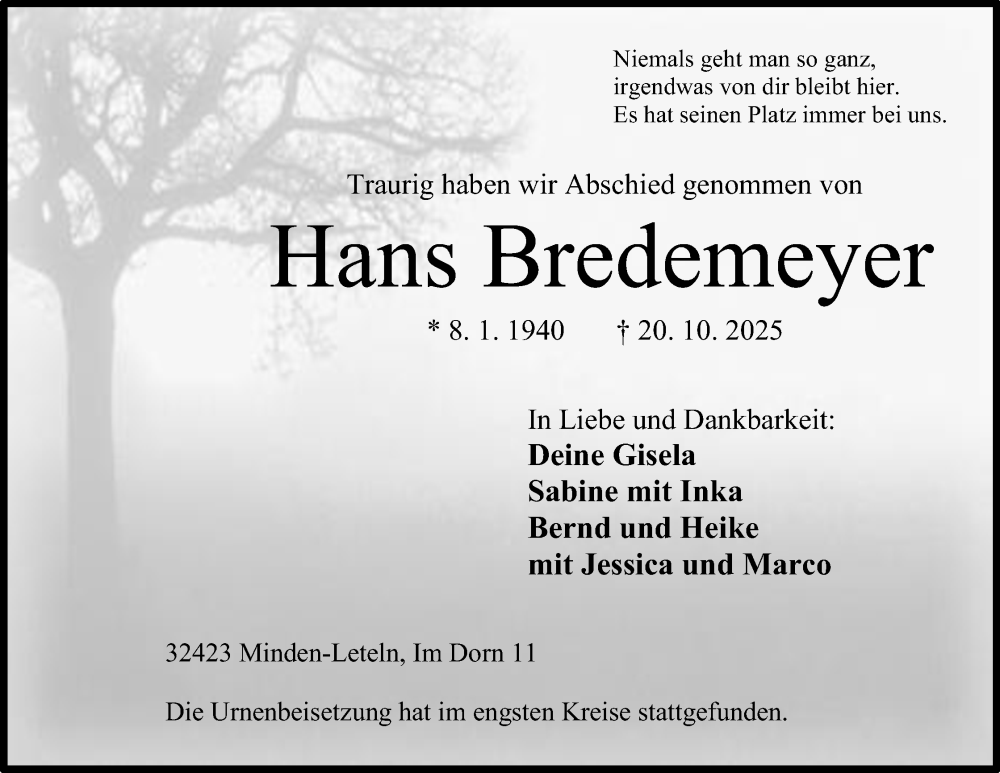  Traueranzeige für Hans Bredemeyer vom 31.10.2025 aus Mindener Tageblatt