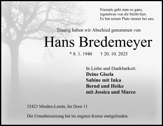 Anzeige von Hans Bredemeyer von Mindener Tageblatt