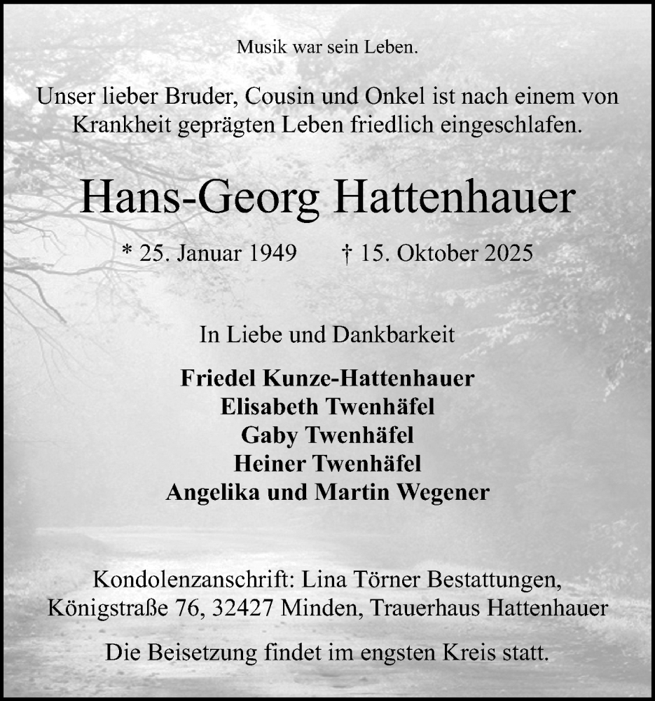  Traueranzeige für Hans-Georg Hattenhauer vom 18.10.2025 aus Mindener Tageblatt
