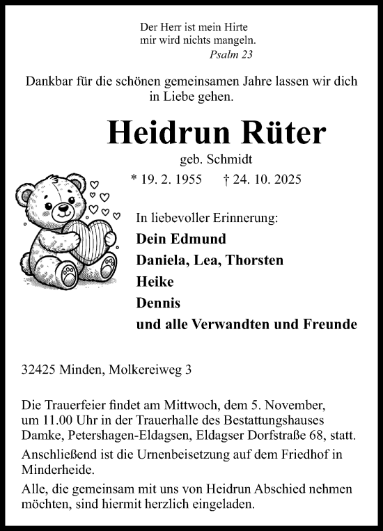 Anzeige von Heidrun Rüter von Mindener Tageblatt
