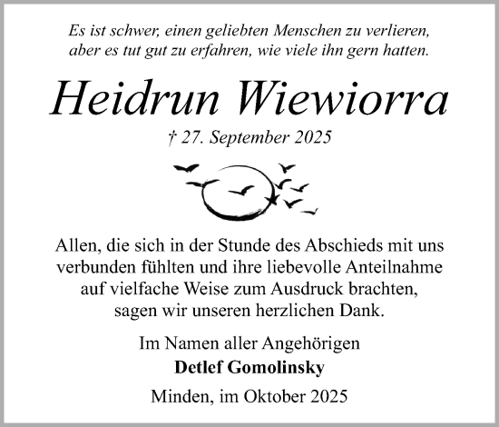 Anzeige von Heidrun Wiewiorra von Mindener Tageblatt