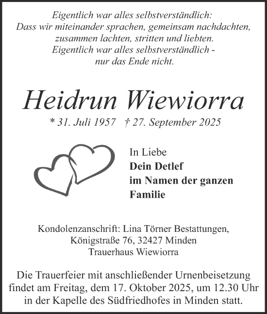 Anzeige von Heidrun Wiewiorra von Mindener Tageblatt