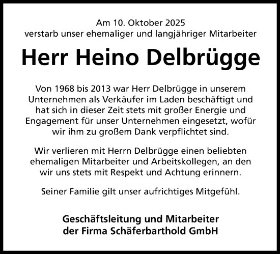 Anzeige von Heino Delbrügge von Mindener Tageblatt