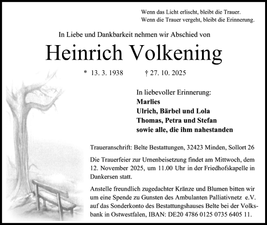 Anzeige von Heinrich Volkening von Mindener Tageblatt