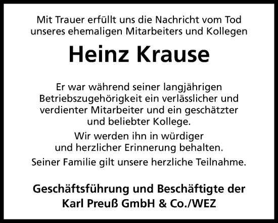 Anzeige von Heinz Krause von Mindener Tageblatt