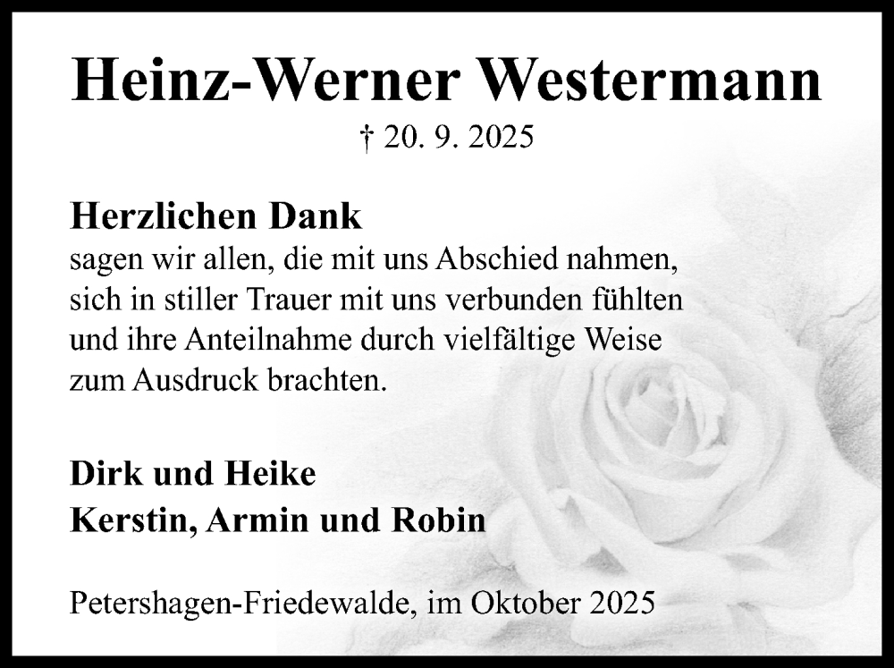  Traueranzeige für Heinz-Werner Westermann vom 18.10.2025 aus Mindener Tageblatt
