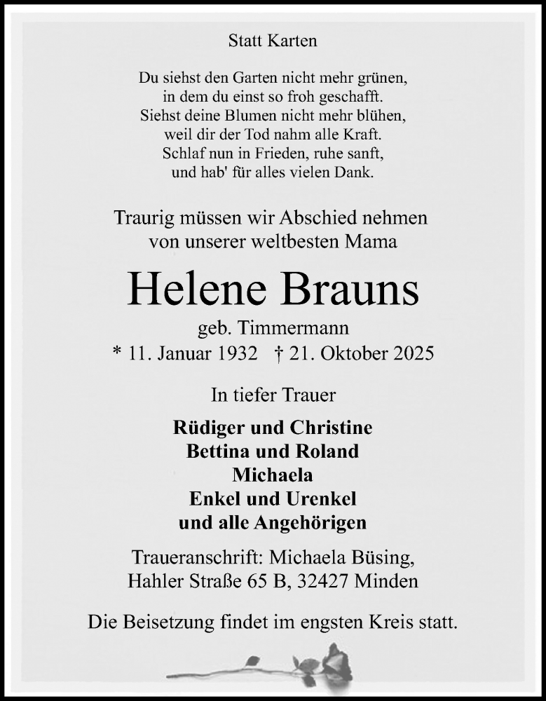  Traueranzeige für Helene Brauns vom 25.10.2025 aus Mindener Tageblatt
