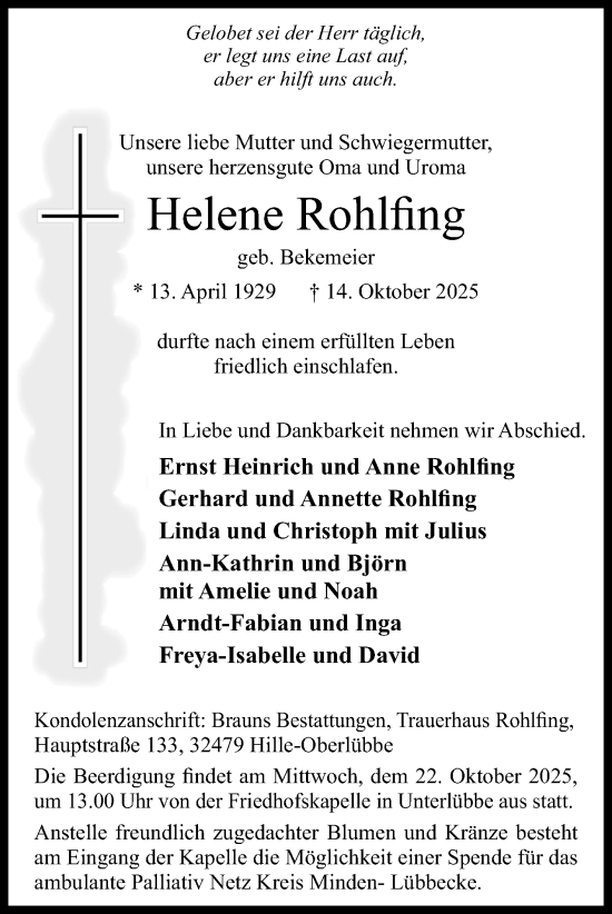 Anzeige von Helene Rohlfing von Mindener Tageblatt