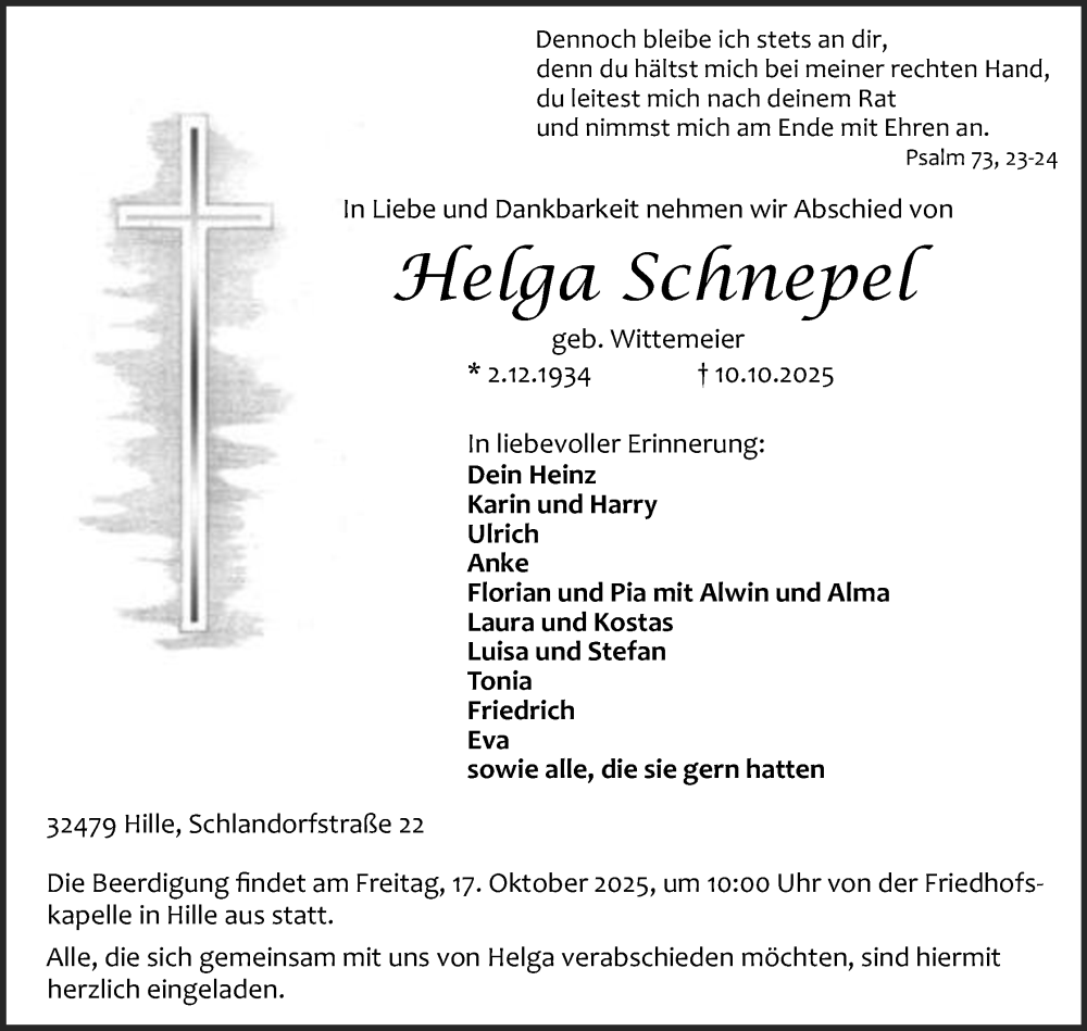 Traueranzeige für Helga Schnepel vom 14.10.2025 aus Mindener Tageblatt