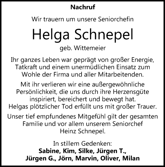 Anzeige von Helga Schnepel von Mindener Tageblatt