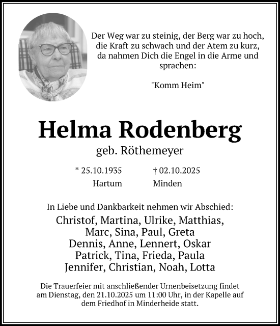 Anzeige von Helma Rodenberg von Mindener Tageblatt