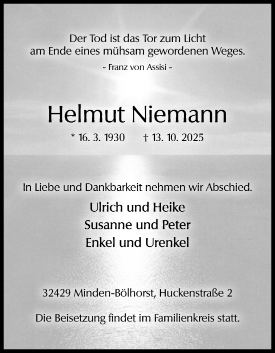 Anzeige von Helmut Niemann von Mindener Tageblatt