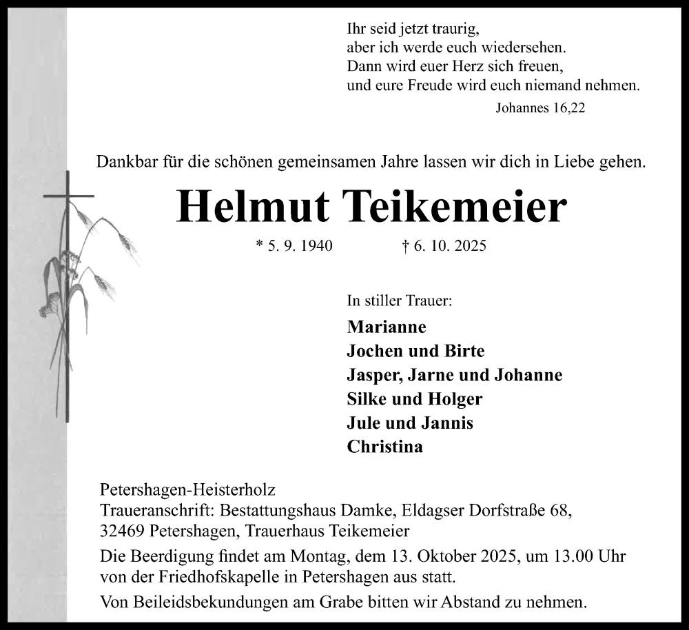 Traueranzeige für Helmut Teikemeier vom 11.10.2025 aus Mindener Tageblatt