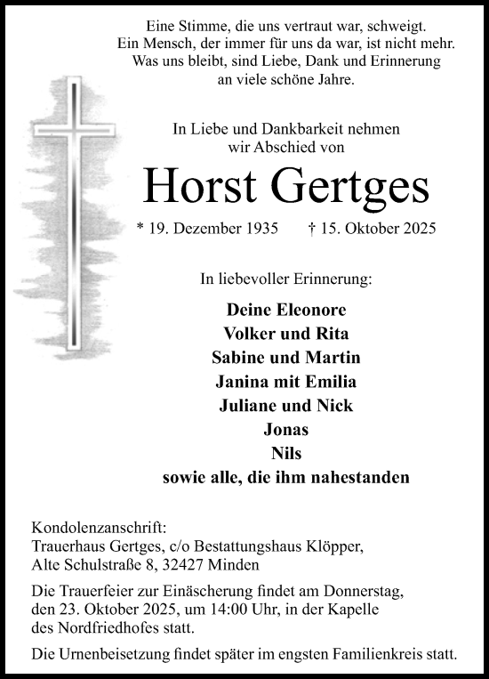 Anzeige von Horst Gertges von Mindener Tageblatt