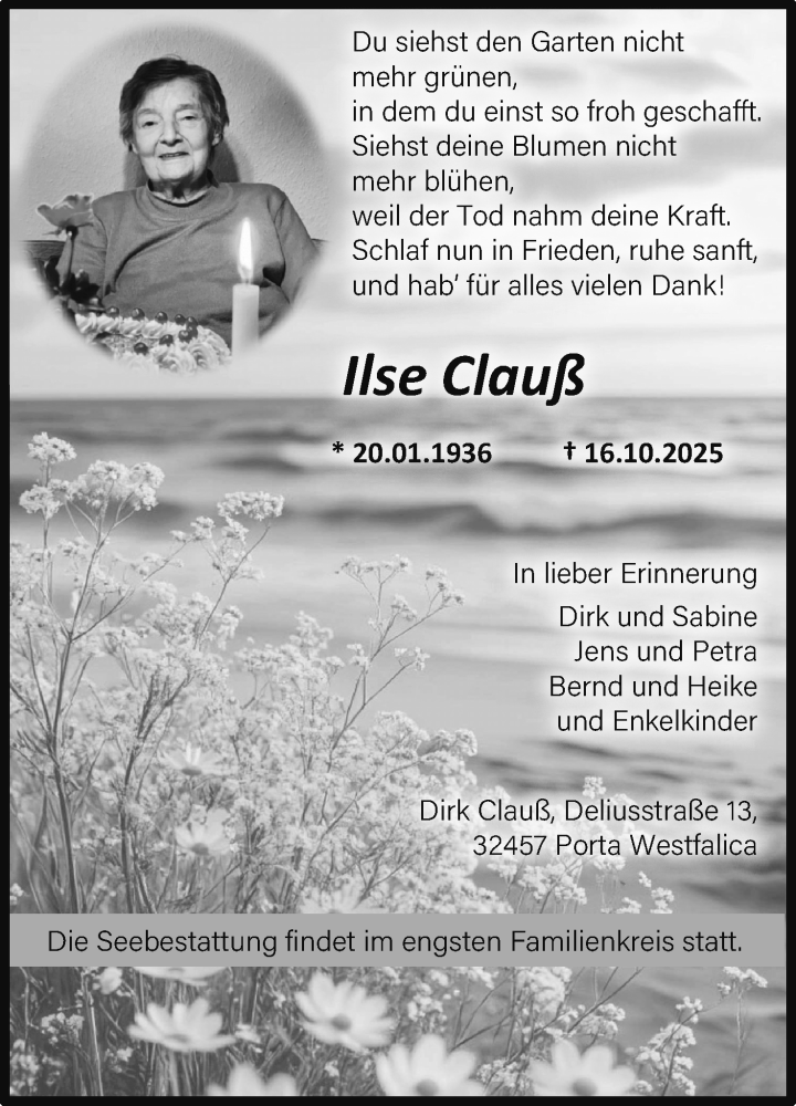  Traueranzeige für Ilse Clauß vom 25.10.2025 aus Mindener Tageblatt