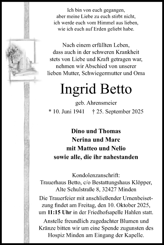 Anzeige von Ingrid Betto von Mindener Tageblatt