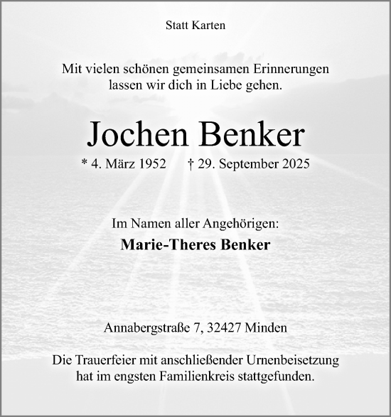 Anzeige von Jochen Benker von Mindener Tageblatt