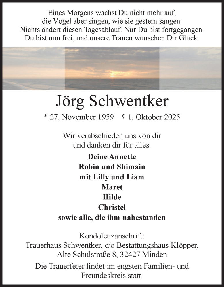  Traueranzeige für Jörg Schwentker vom 11.10.2025 aus Mindener Tageblatt