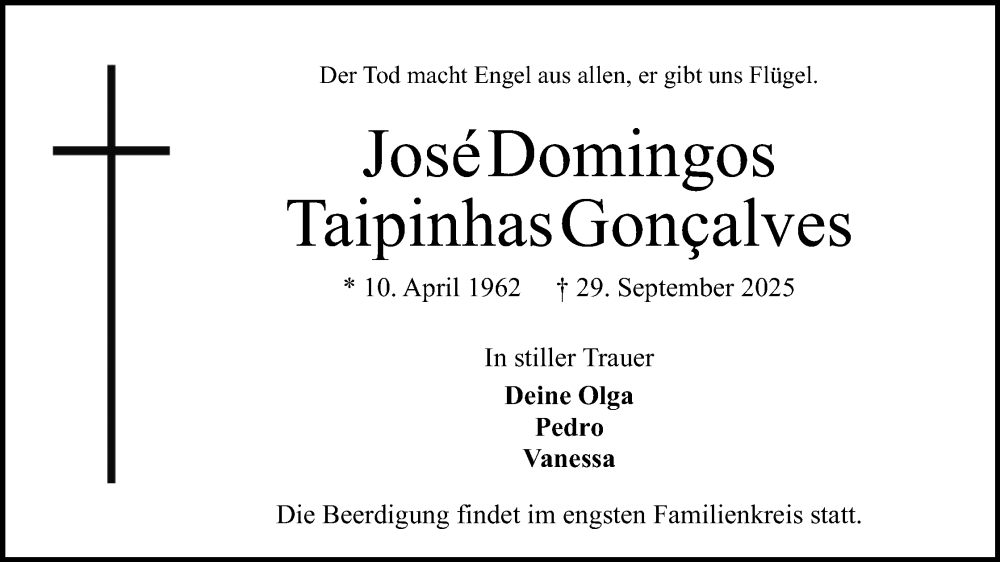  Traueranzeige für José Domingos vom 04.10.2025 aus Mindener Tageblatt