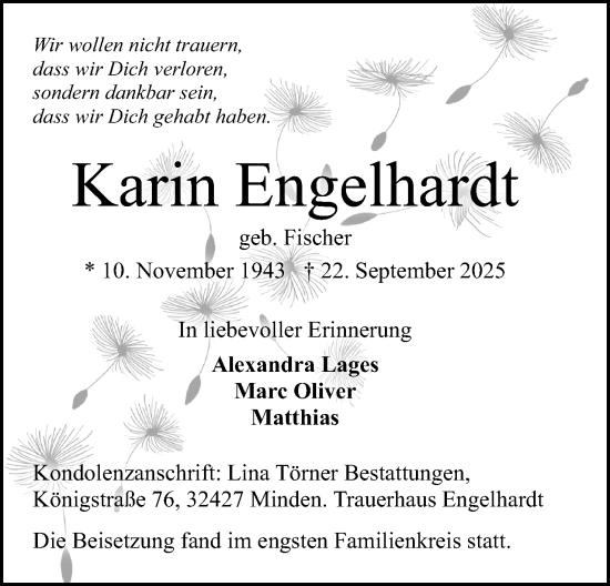 Anzeige von Karin Engelhardt von Mindener Tageblatt