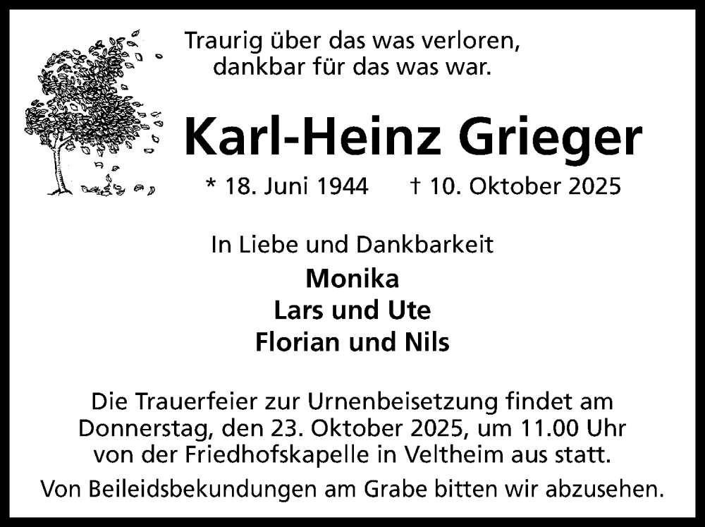  Traueranzeige für Karl-Heinz Grieger vom 18.10.2025 aus Mindener Tageblatt