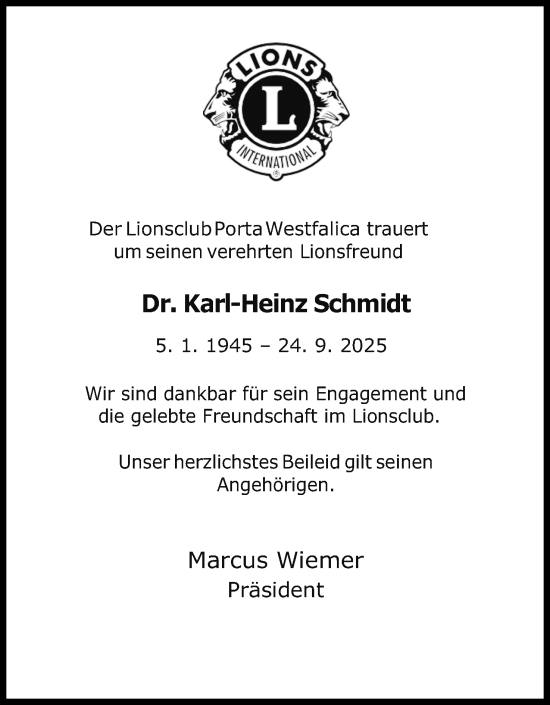 Anzeige von Karl-Heinz Schmidt von Mindener Tageblatt