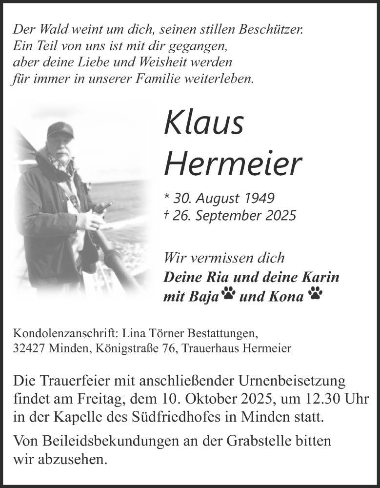  Traueranzeige für Klaus Hermeier vom 04.10.2025 aus Mindener Tageblatt
