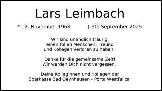 Anzeige von Lars Leimbach von Mindener Tageblatt
