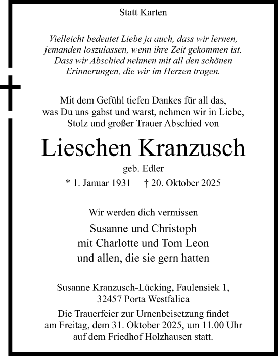 Anzeige von Lieschen Kranzusch von Mindener Tageblatt