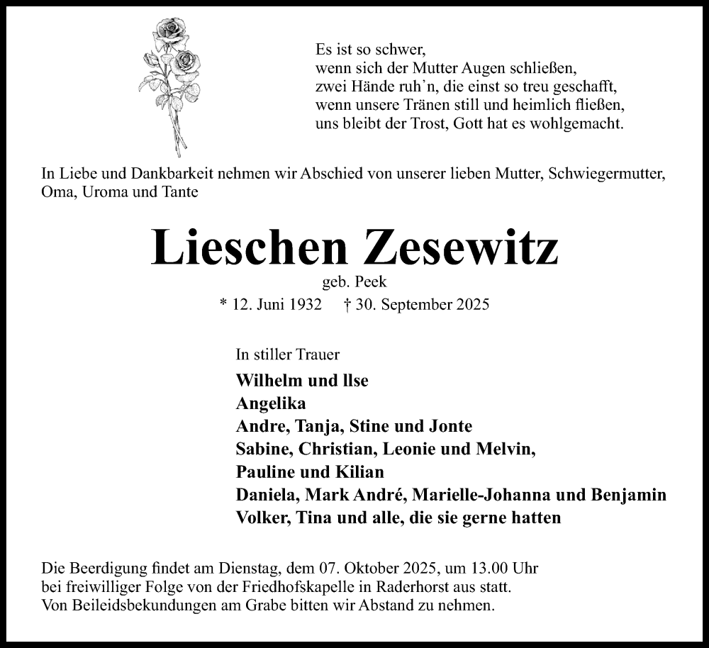  Traueranzeige für Lieschen Zesewitz vom 04.10.2025 aus Mindener Tageblatt
