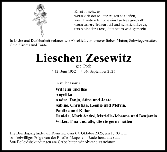 Anzeige von Lieschen Zesewitz von Mindener Tageblatt
