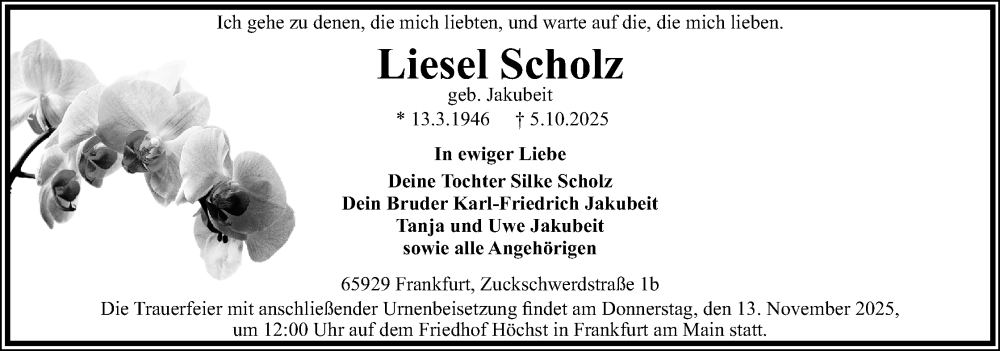  Traueranzeige für Liesel Scholz vom 25.10.2025 aus Mindener Tageblatt