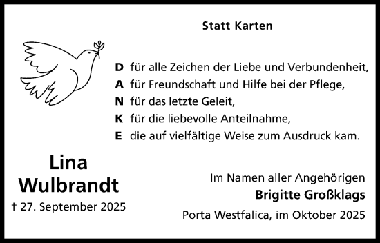 Anzeige von Lina Wulbrandt von Mindener Tageblatt