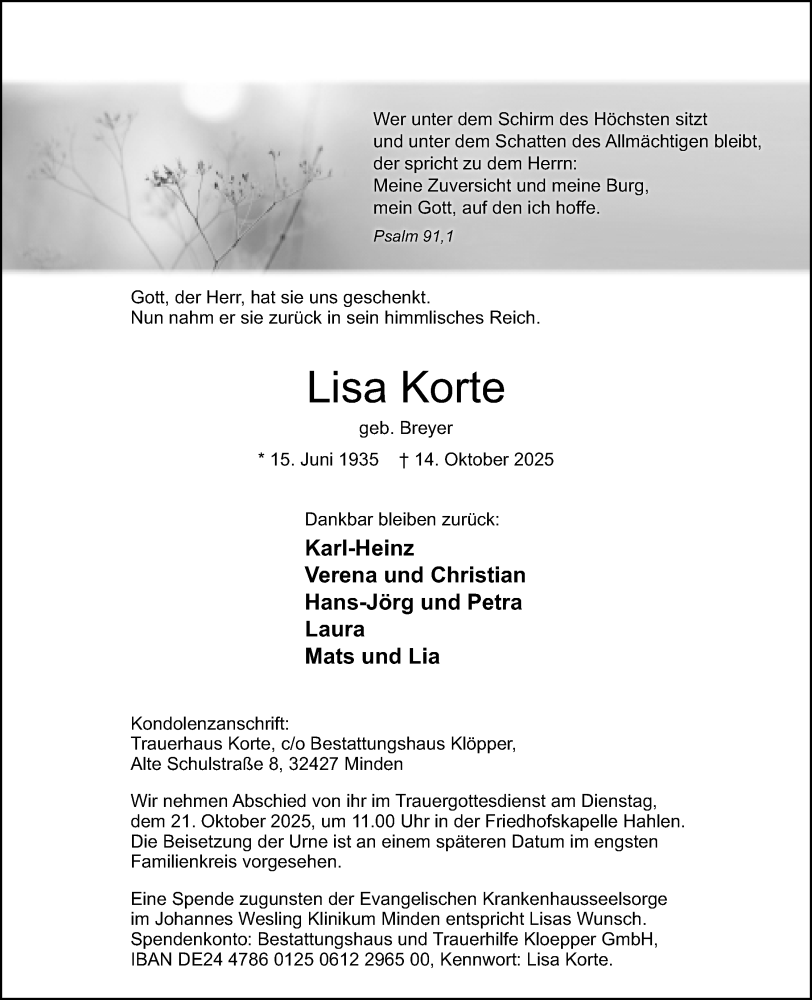  Traueranzeige für Lisa Korte vom 18.10.2025 aus Mindener Tageblatt