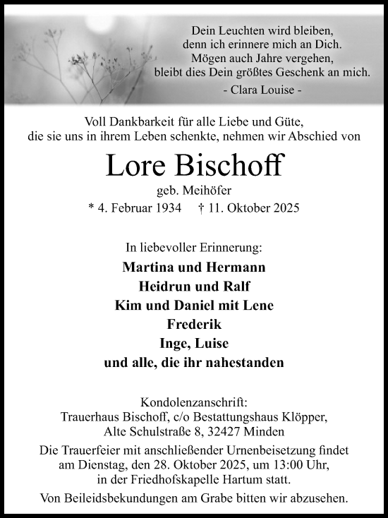 Anzeige von Lore Bischoff von Mindener Tageblatt