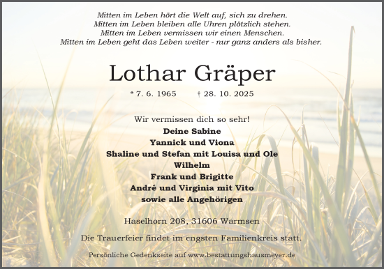 Anzeige von Lothar Gräper von Mindener Tageblatt